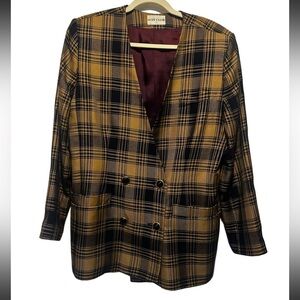 Vintage Navy and tan plaid women’s blazer‎ size 14 double breasted